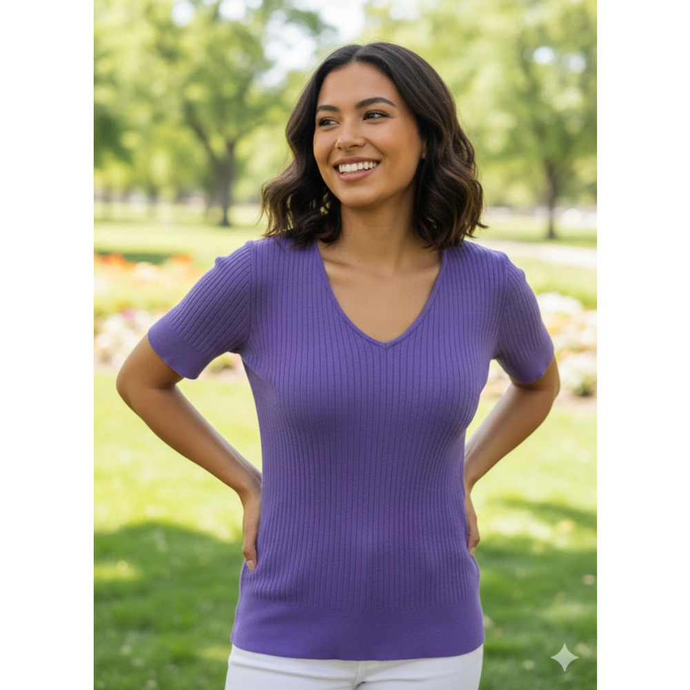 Talbots Women's Purple Ribbed V Neck Knit Top Small